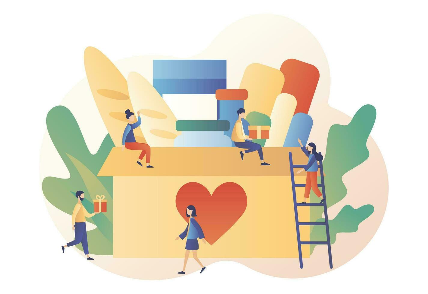 Donation and volunteers work concept. Tiny people collecting goods for charity into huge donation box. Modern flat cartoon style. Vector illustration