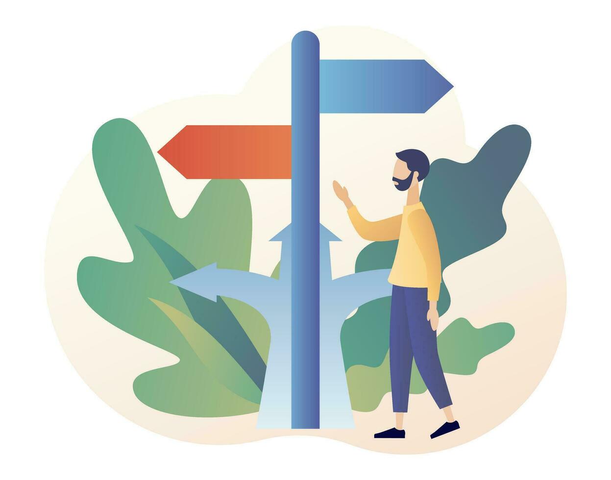 Tiny man choosing of directions. Make your choice. Metaphor alternatives or opportunities, life dilemma, decision making. Modern flat cartoon style. Vector illustration on white background