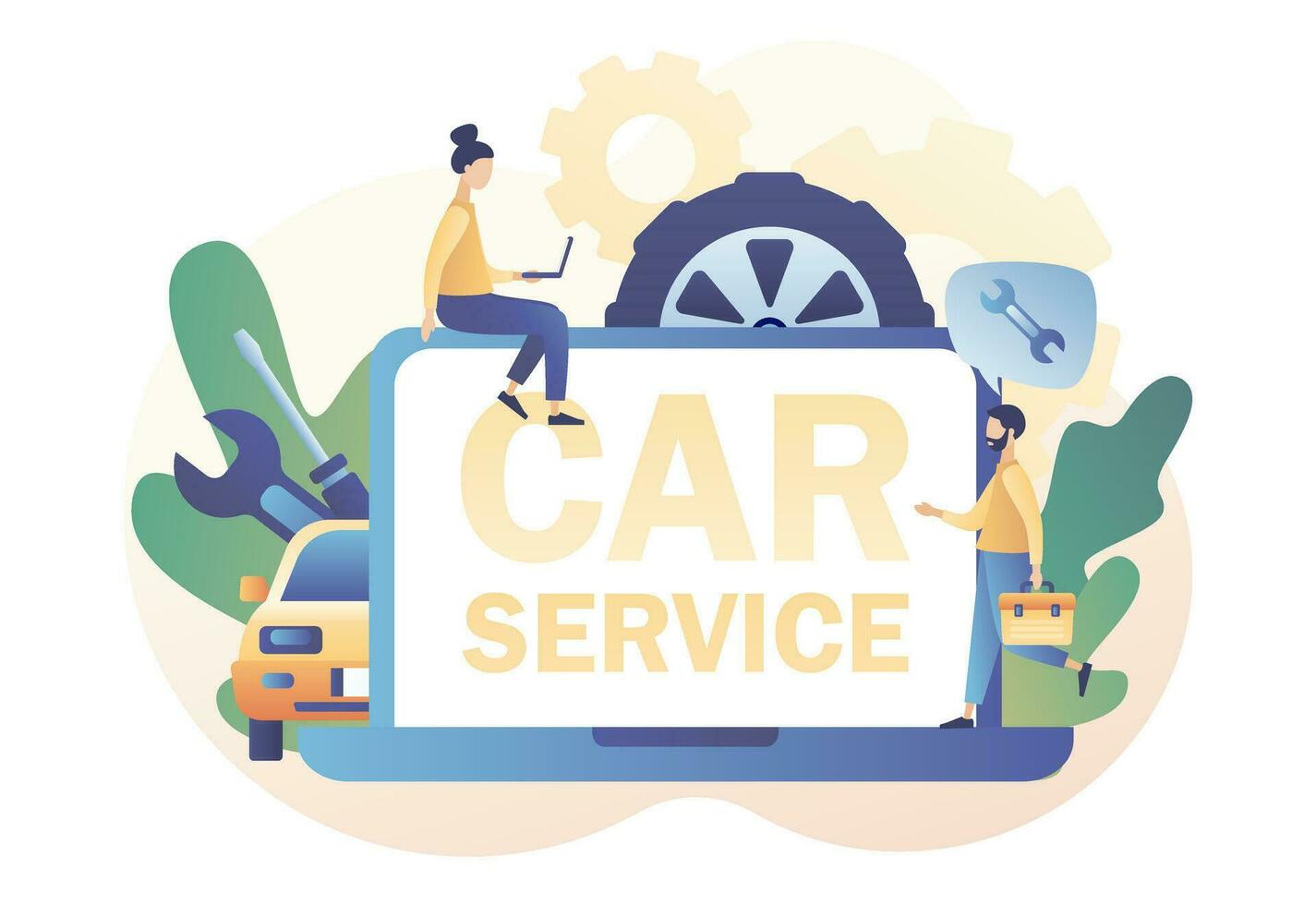 Car service and repair web site. Auto service concept. Tiny Repairman, Mechanics characters in uniform with tools and tire. Modern flat cartoon style. Vector illustration on white background