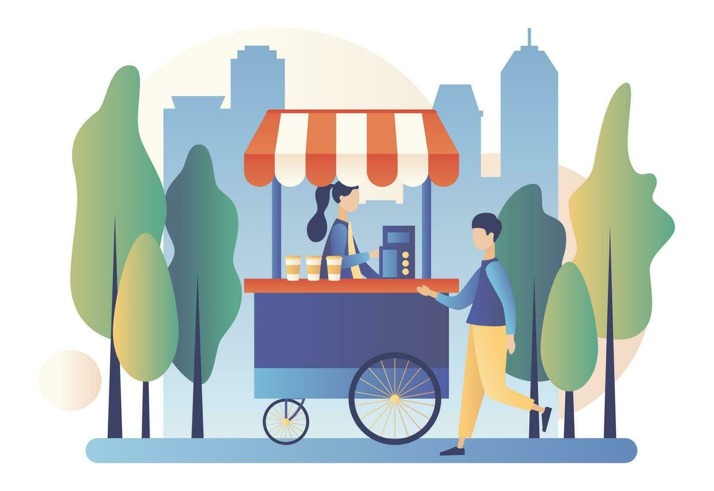 Weekend fest, food street fair, family festival concept. Street coffee cart. Modern flat cartoon style. Vector illustration