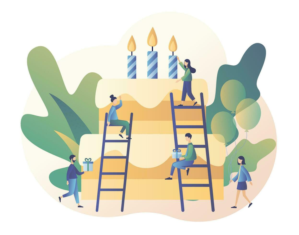 Happy birthday concept. Tiny people prepare birthday cake. Modern flat cartoon style. Vector illustration