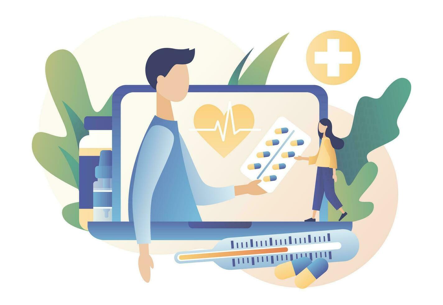 Online doctor concept. Patient consultation to the doctor. Online Medical Service. Tiny people doctors with patient card. Modern flat cartoon style. Vector illustration on white background