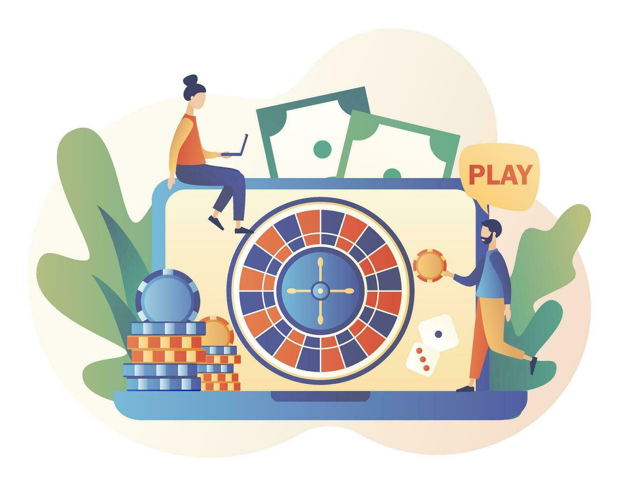 Internet Casino and Gambling Concept. Tiny people gaming online gambling games. People play online Roulette. Modern flat cartoon style. Vector illustration