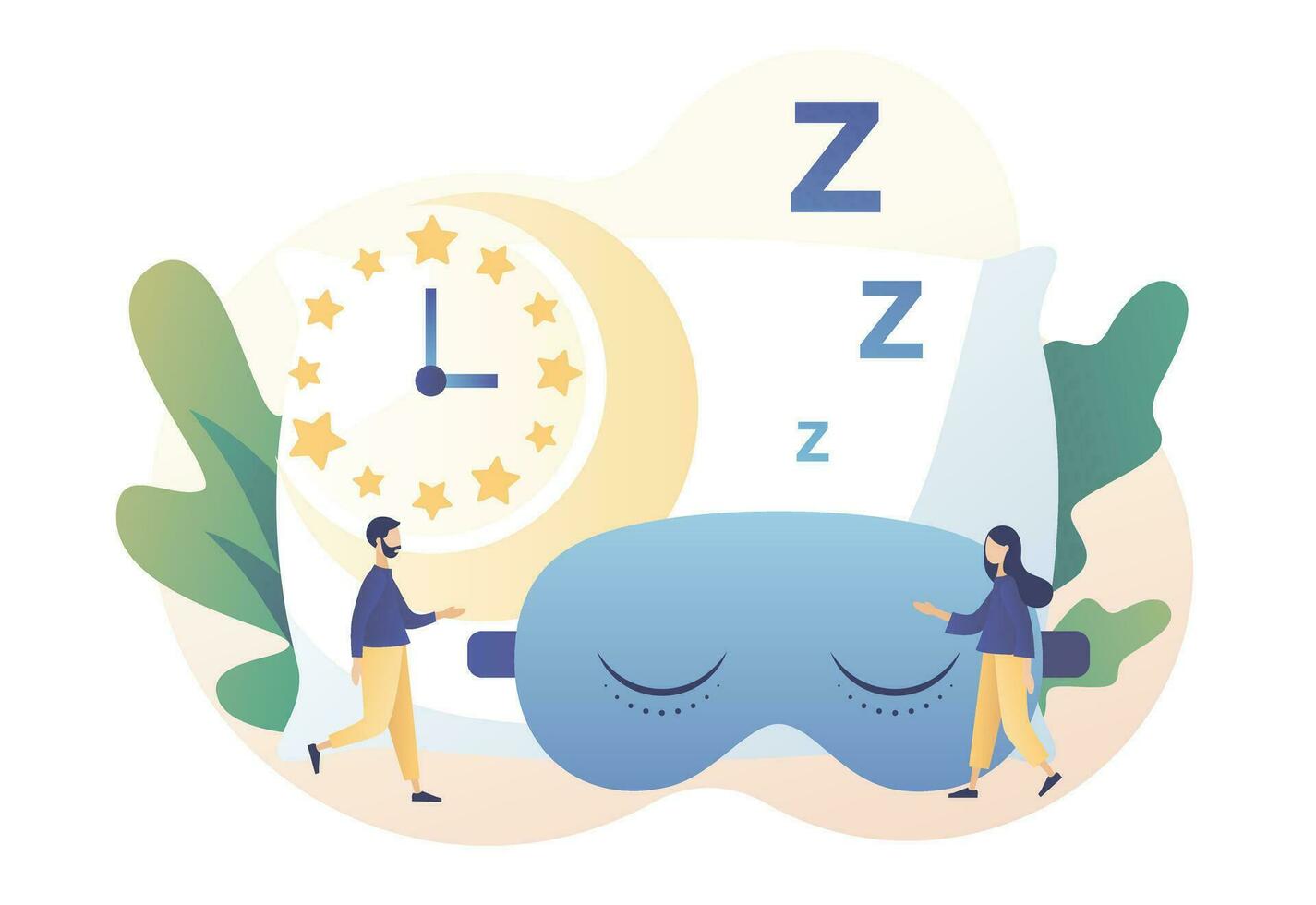 Sleep control. Sleep time. Sweet dreams. Good health and work of biological rhythms. Tiny people getting ready for sleep. Modern flat cartoon style. Vector illustration on white background