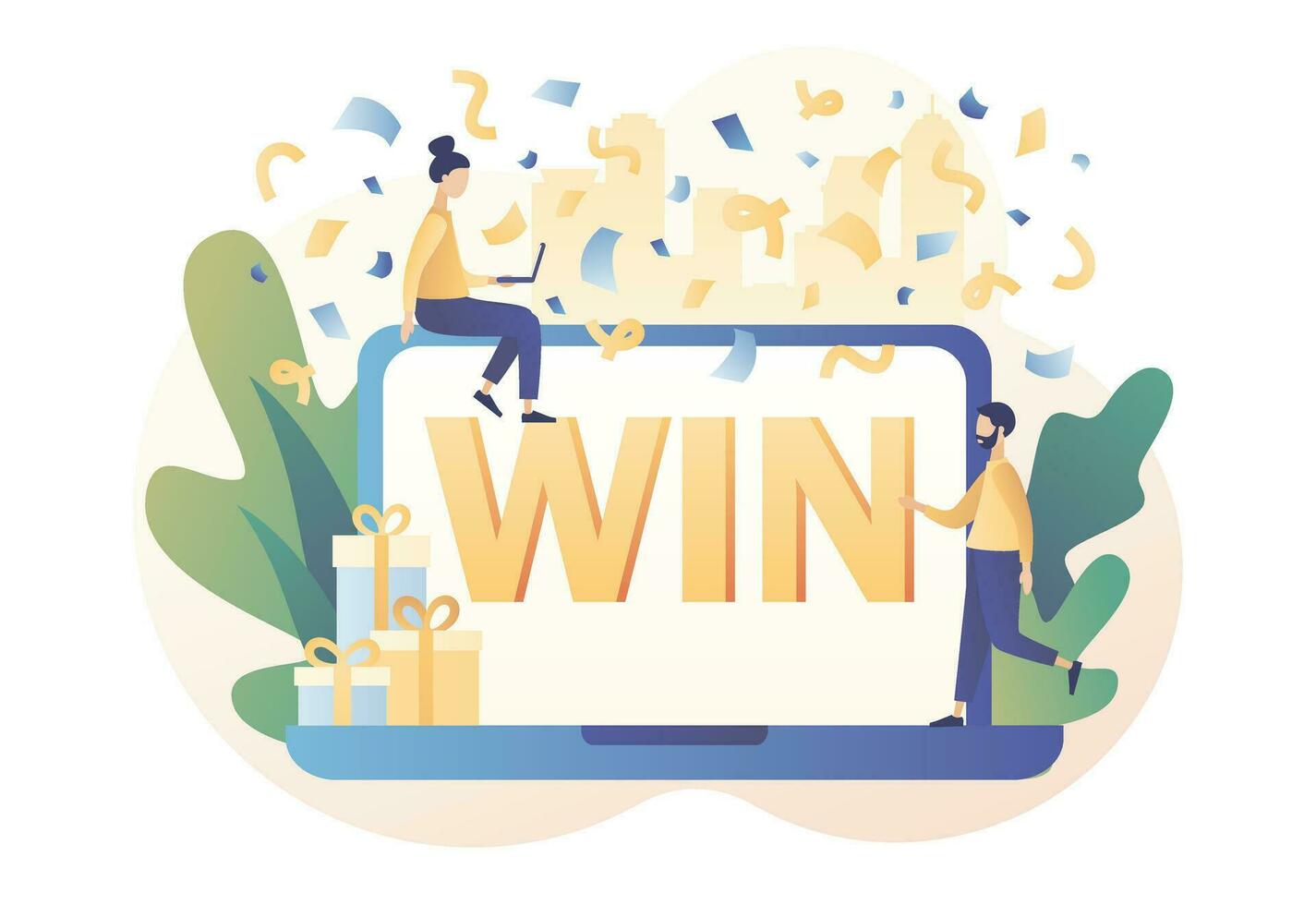 WIN text on laptop screen. You Win Concept. Congrats winner on falling down confetti background. Modern flat cartoon style. Vector illustration on white background