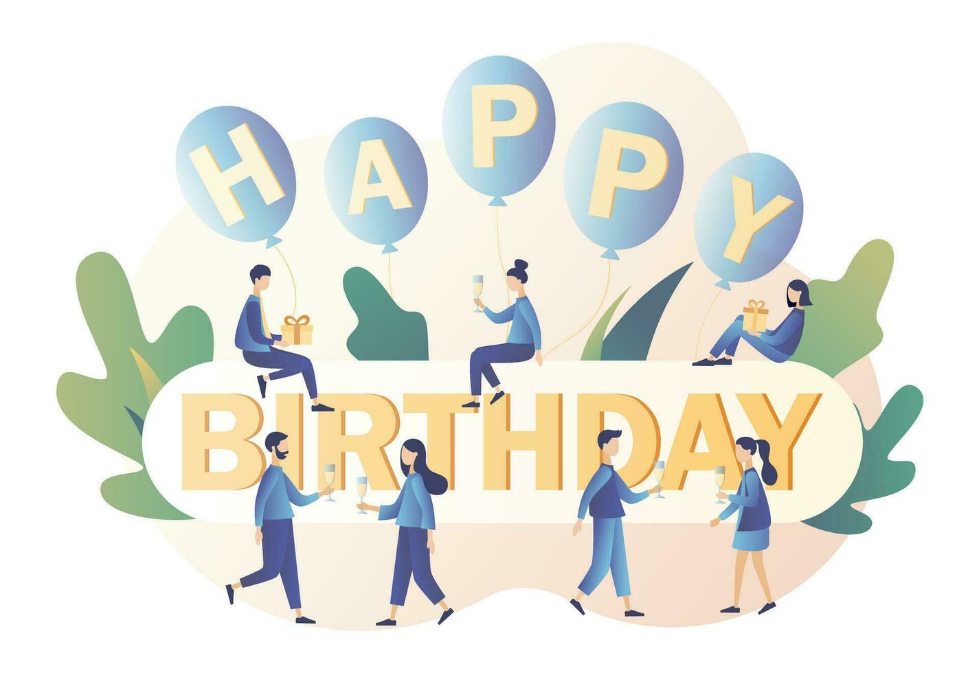 Happy birthday concept. Tiny people celebrate birthday. Modern flat cartoon style. Vector illustration