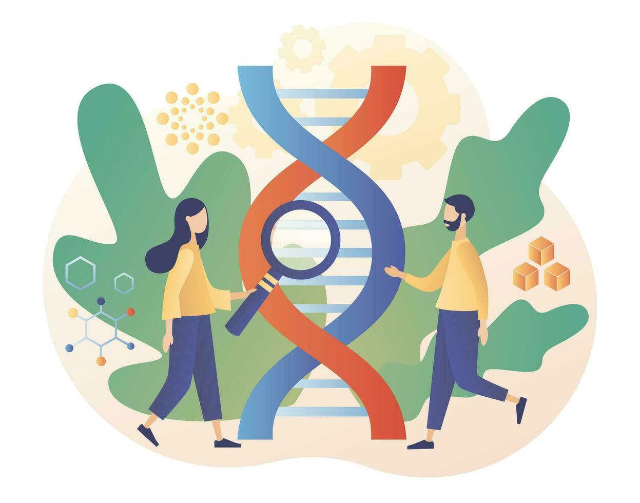 Biotechnology concept. Science, laboratory research, genetic testing, chemical, GMO, bioengineering and organism. Tiny people study dna use microscope. Modern flat cartoon style. Vector illustration