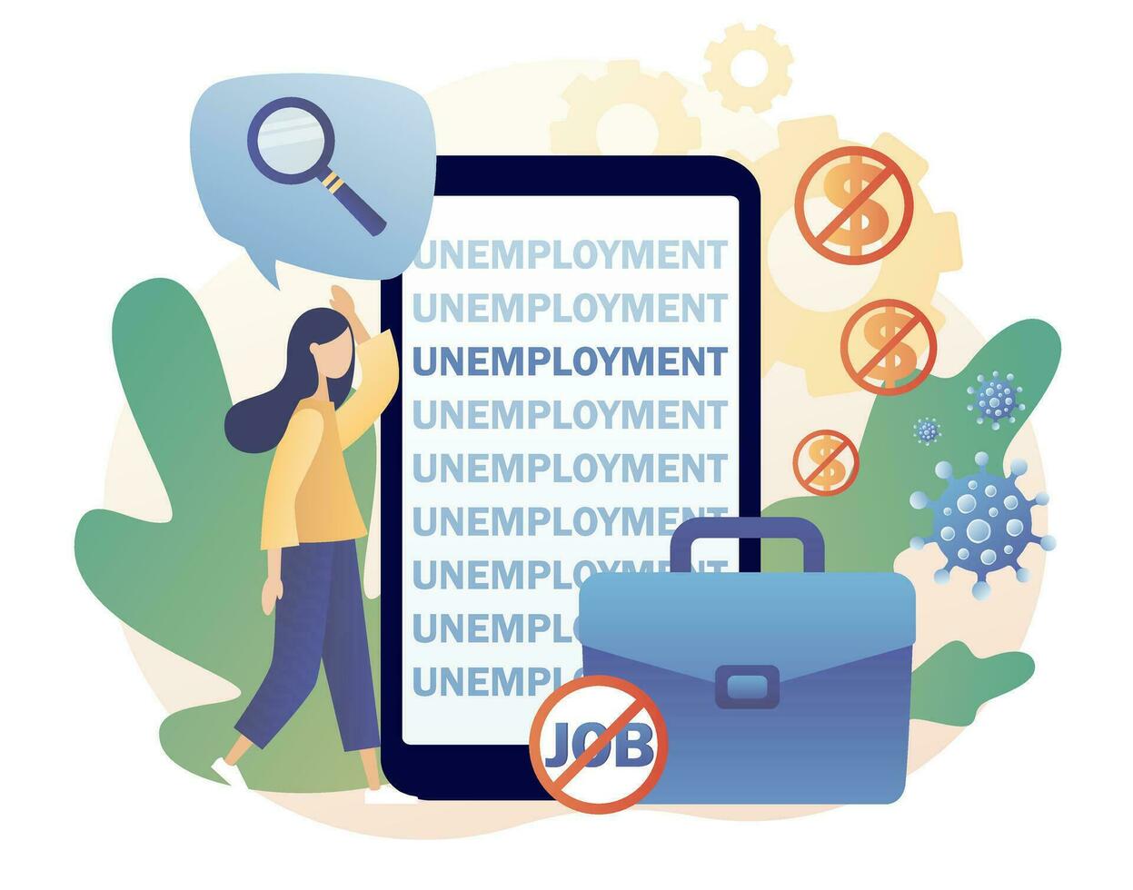 Social problem concept. Unemployment - text on smartphone screen. Tiny woman unemployed looking for job. Economic crisis, business closed, workplace shortening. Modern flat cartoon style. Vector