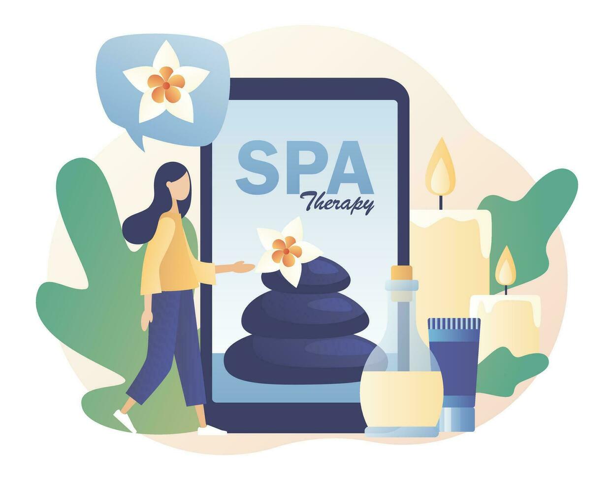 Spa therapy app. Beauty procedure and body care. Accessories for relaxing atmosphere, candles, aroma oils, hot stones. Tiny girl with big smartphone. Modern flat cartoon style. Vector illustration