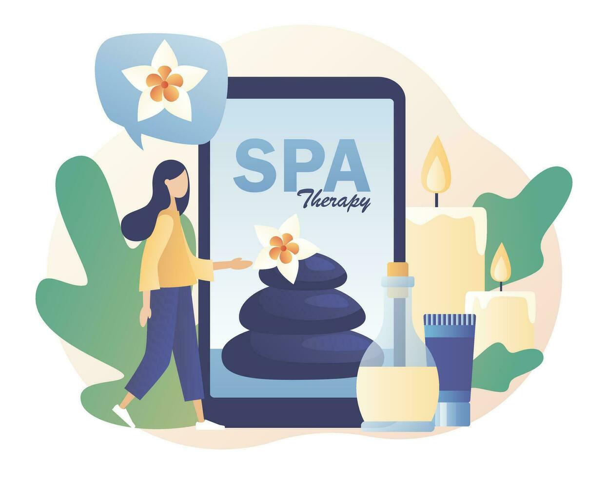 spa terapia aplicación belleza procedimiento y cuerpo cuidado. accesorios para relajante atmósfera, velas, aroma aceites, caliente piedras minúsculo niña con grande teléfono inteligente moderno plano dibujos animados estilo. vector ilustración