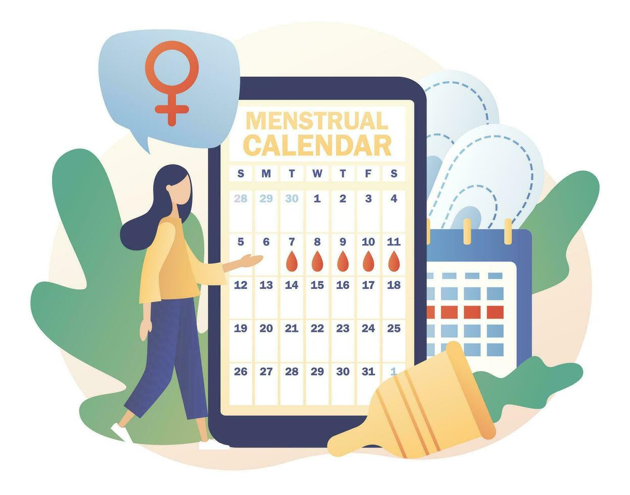 Tiny girl with smatrphone app monthly calendar, menstrual cup, tampon and tablets. Menstruation period. Menstrual protection and feminine hygiene. Modern flat cartoon style. Vector illustration