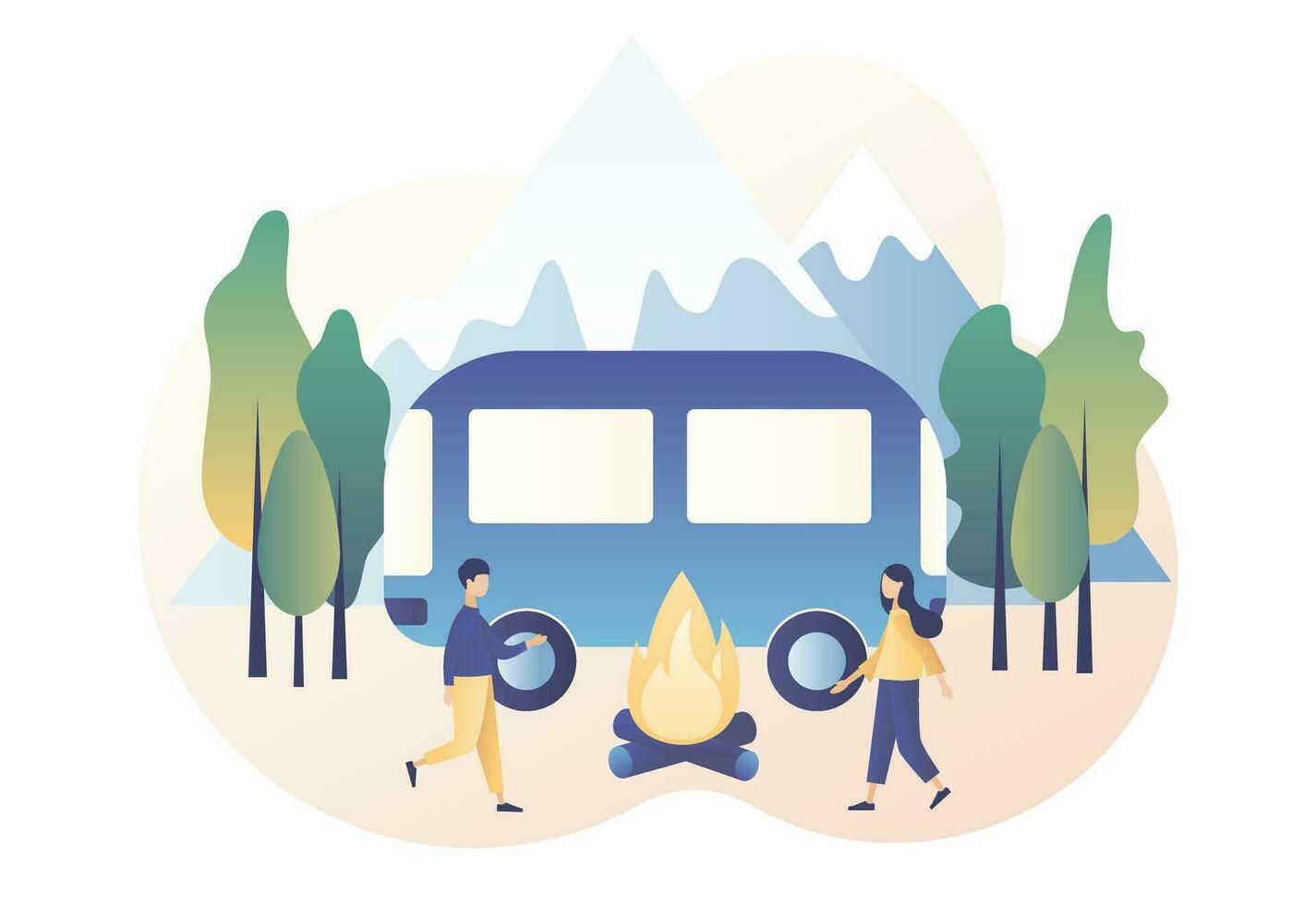 Camping concept. Tiny people in summer camp with camping car, tent, campfire, mountains and forest. Nature tourism. Modern flat cartoon style. Vector illustration on white background