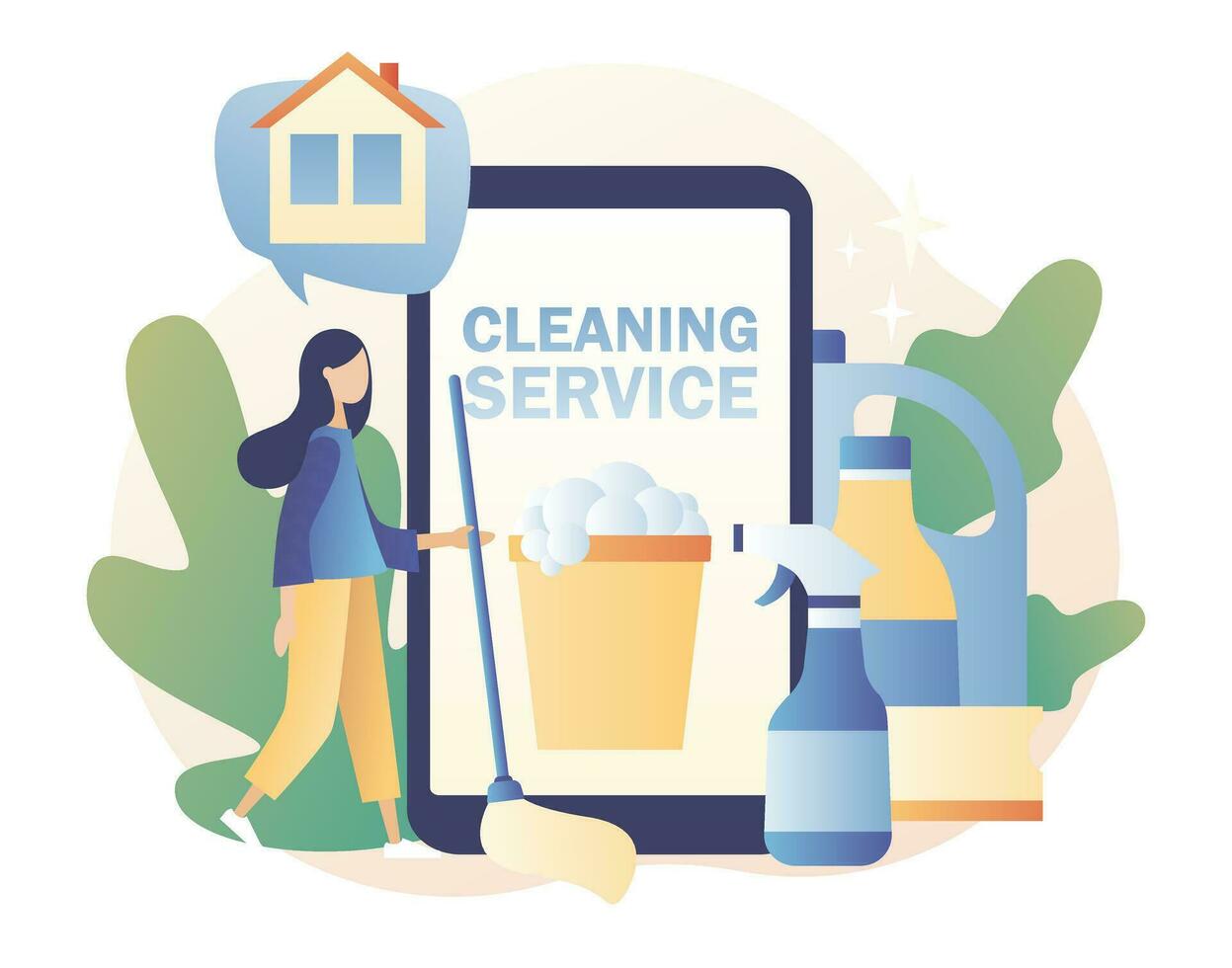 Cleaning service online. App for service orders professional hygiene service for domestic households. Tiny woman cleans house. Modern flat cartoon style. Vector illustration on white background