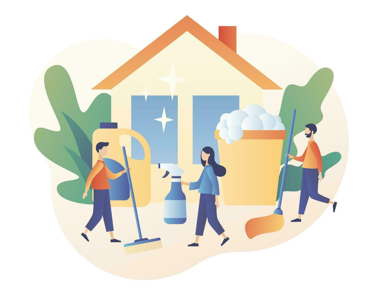 Cleaning service. Tiny people clean house with cleaning tools. Professional hygiene service for domestic households. Modern flat cartoon style. Vector illustration on white background