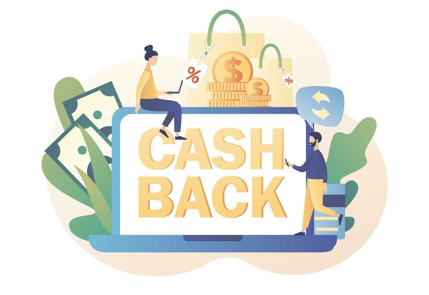 Cash back online service. Tiny people refund money. Reward program, transfer money, online shopping, online banking, money growth. Modern flat cartoon style. Vector illustration on white background