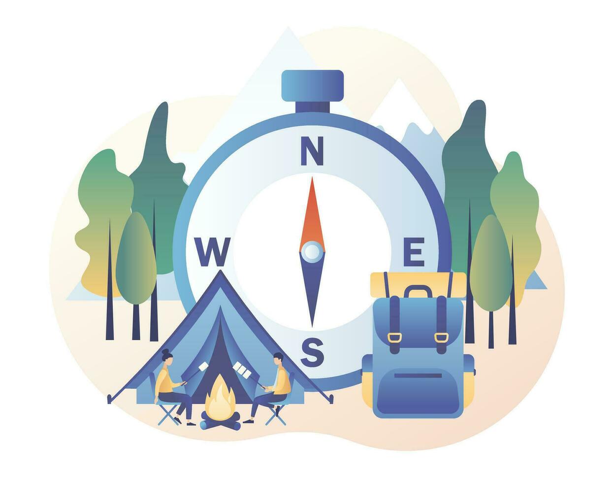 Camping concept. Tiny people in summer camp with big compass, travel backpack, tent, campfire, mountains and forest. Nature tourism. Modern flat cartoon style. Vector illustration on white background