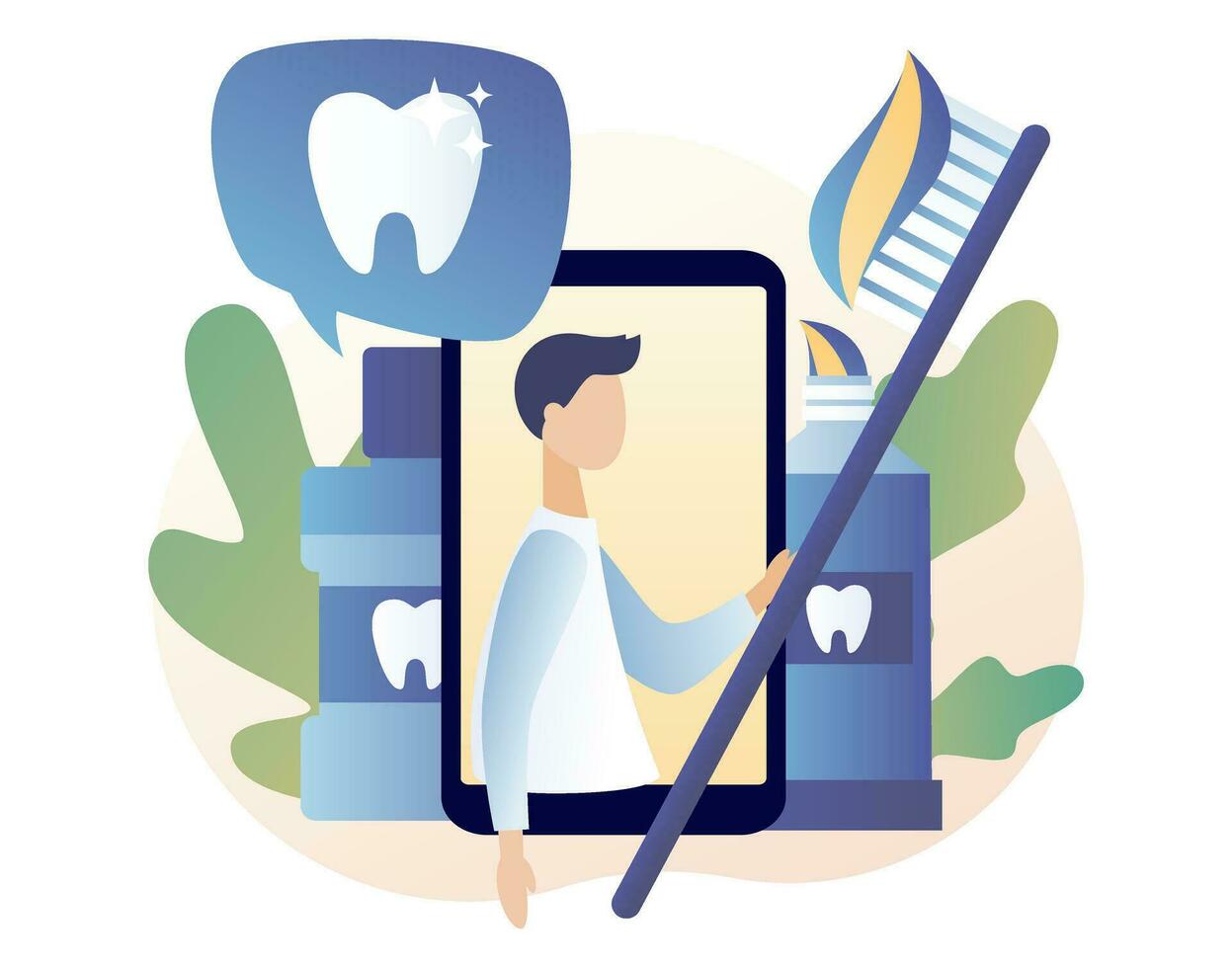Dental clinic concept. Stomatology and orthodontics medical center. Dental care. Teeth treatment, protect and cleaning teeth. Modern flat cartoon style. Vector illustration
