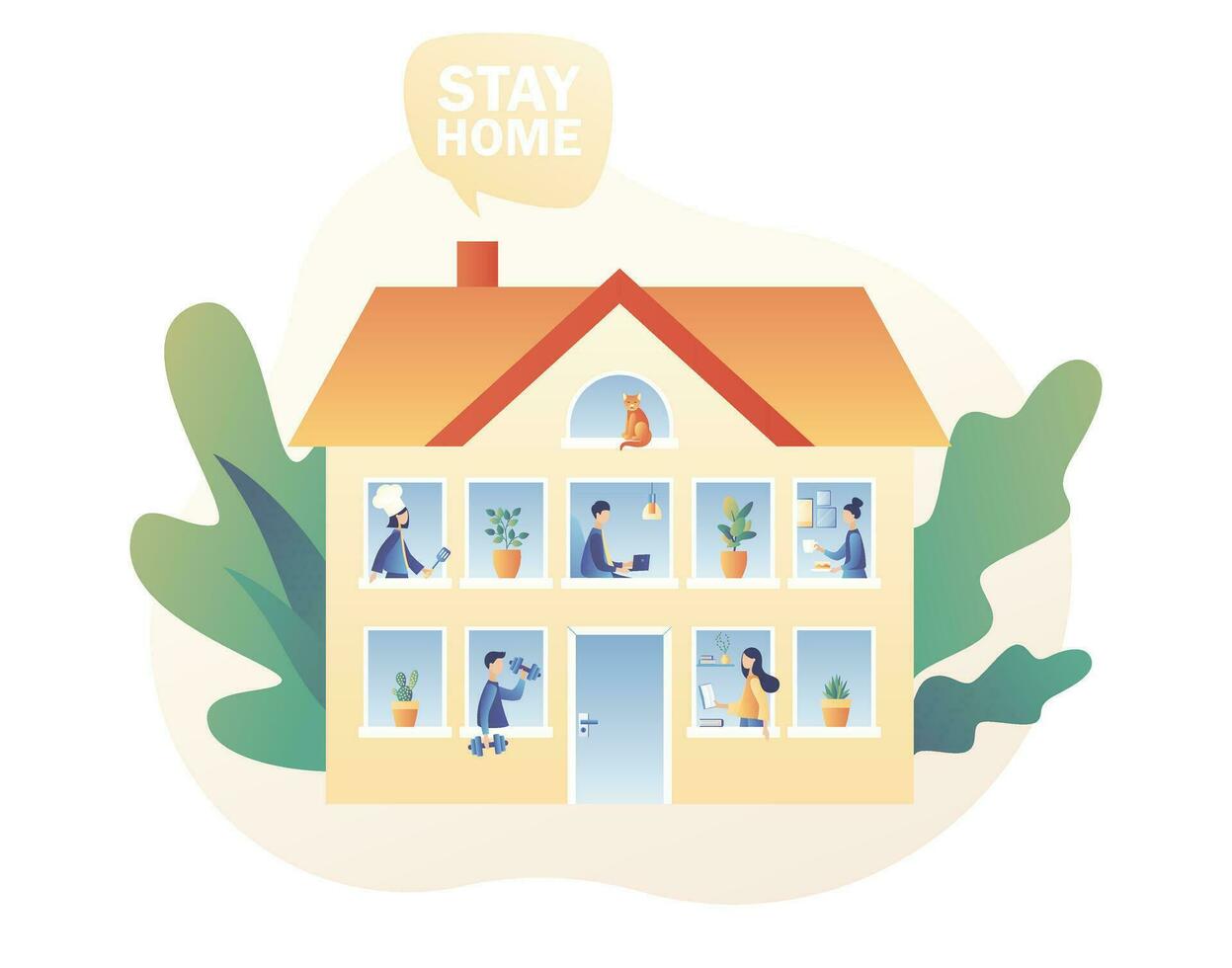 Stay at home. Quarantine and self-isolation concept. Tiny people at house. Global viral epidemic or pandemic. Modern flat cartoon style. Vector illustration on white background