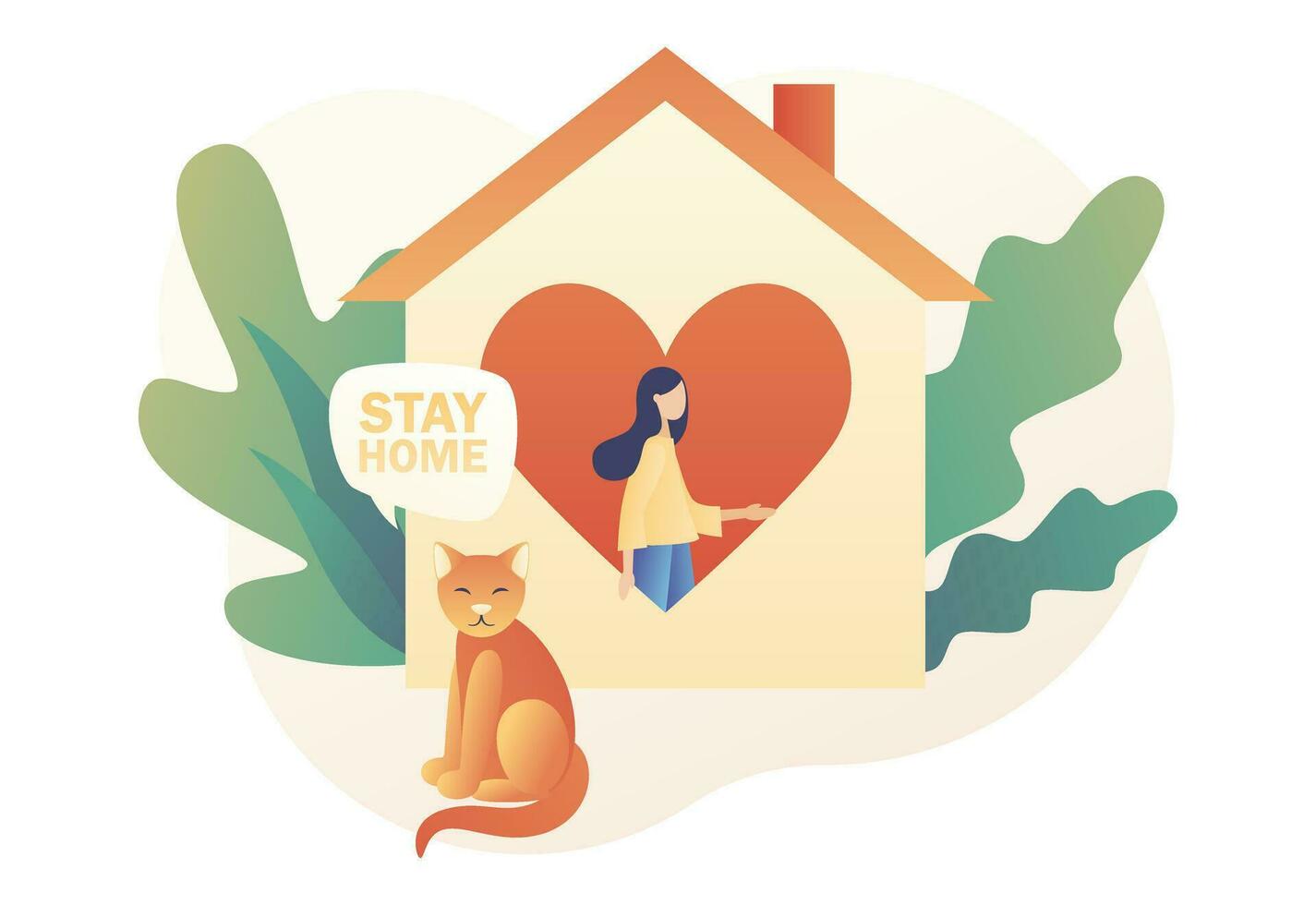 Stay at home. Quarantine and self-isolation concept. Global viral epidemic or pandemic. Tiny woman at house. Modern flat cartoon style. Vector illustration on white background