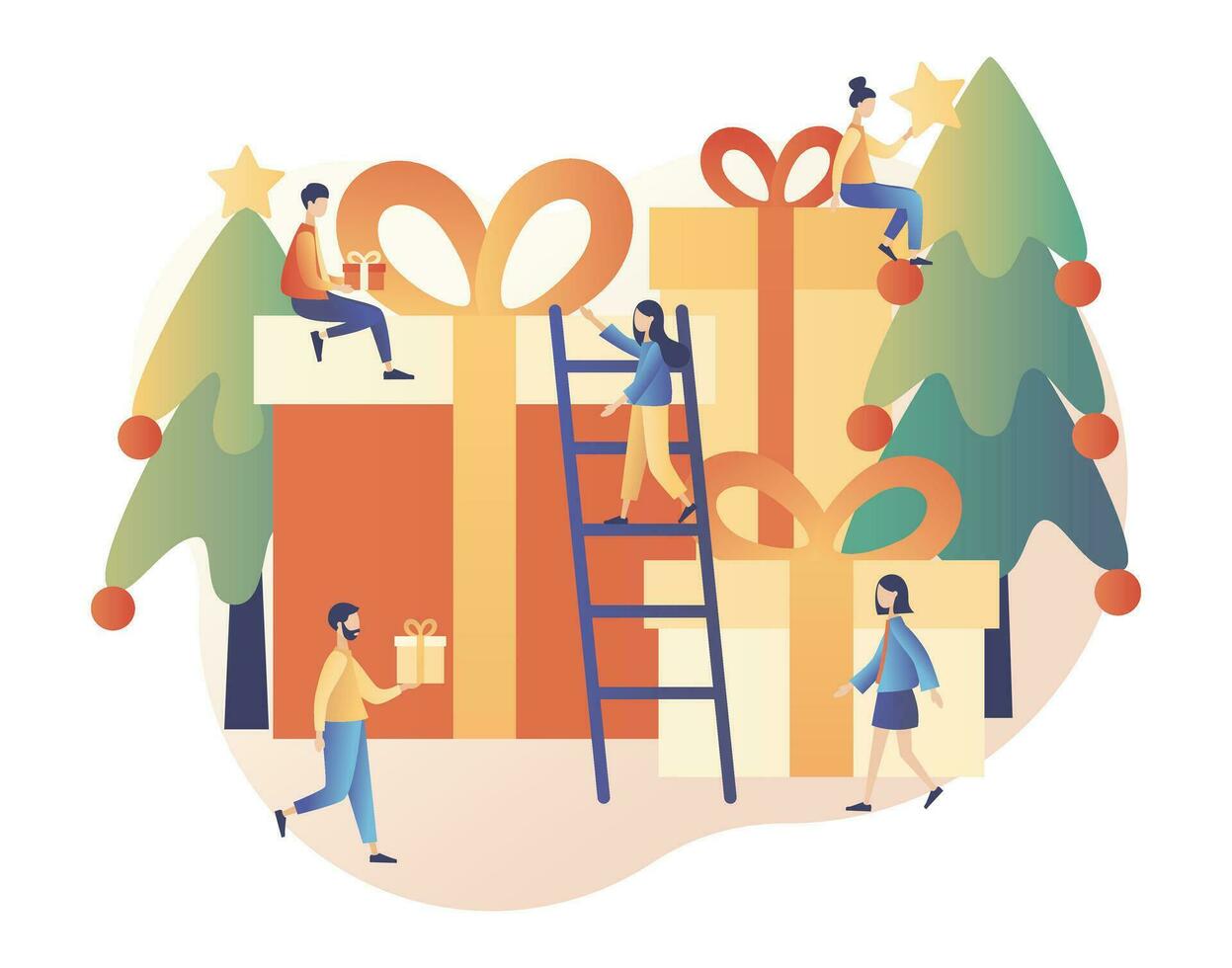 alegre Navidad. invierno Días festivos concepto. minúsculo personas Decorar el Navidad árbol. moderno plano dibujos animados estilo. vector ilustración