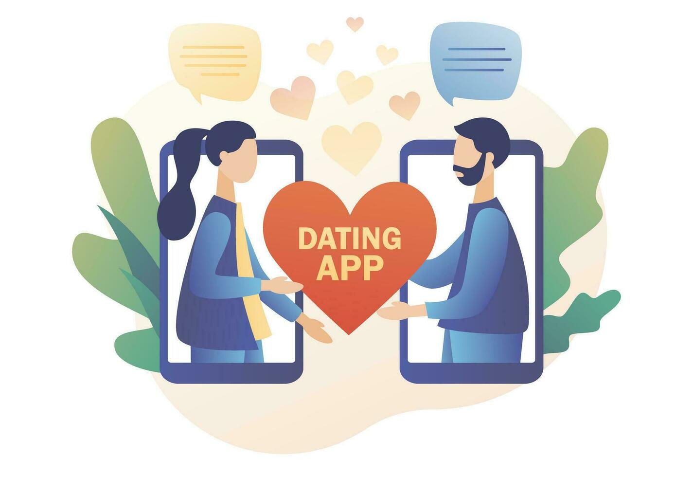 Online dating. Tiny people chatting in the dating app. Virtual relationship and online love. Acquaintance in social network. Modern flat cartoon style. Vector illustration on white background