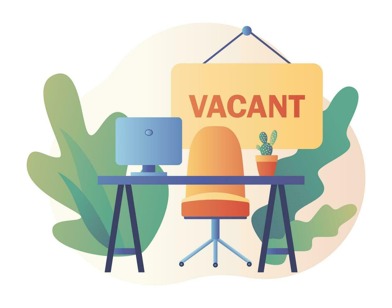 We are Hiring. Recruitment and headhunting agency. Vacant job position. Workplace, workspace with no people. Jobs concept. Modern flat cartoon style. Vector illustration on white background