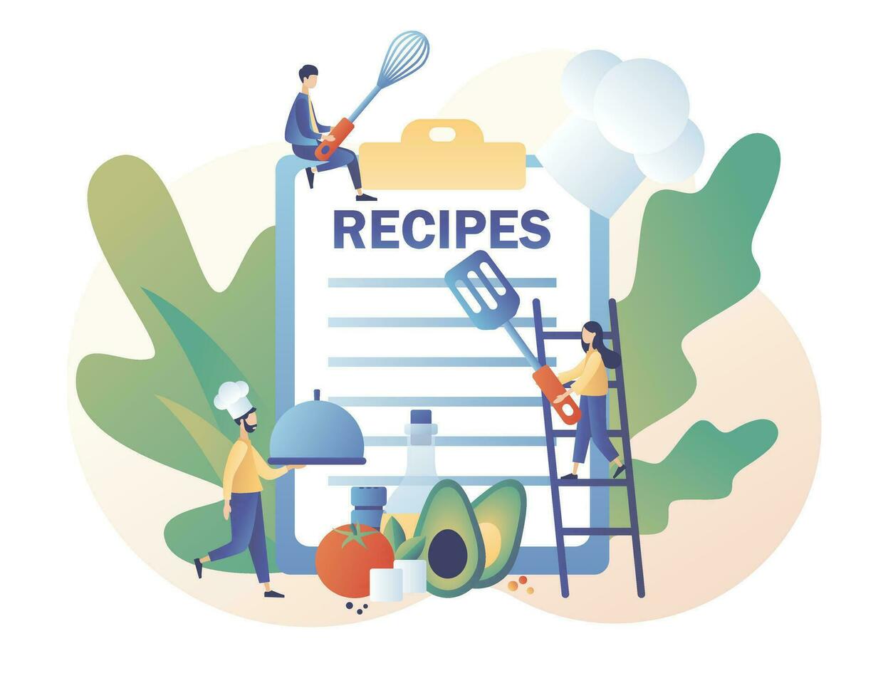 Recipes online. Ingredients list concept. Professional chef holding dish. Tiny People read recipe book and cook in chef cap. Modern flat cartoon style. Vector illustration on white background