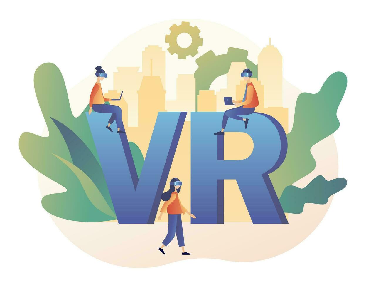 Virtual reality concept. Tiny people using virtual reality glasses. VR cyberspace. Modern flat cartoon style. Vector illustration on white background