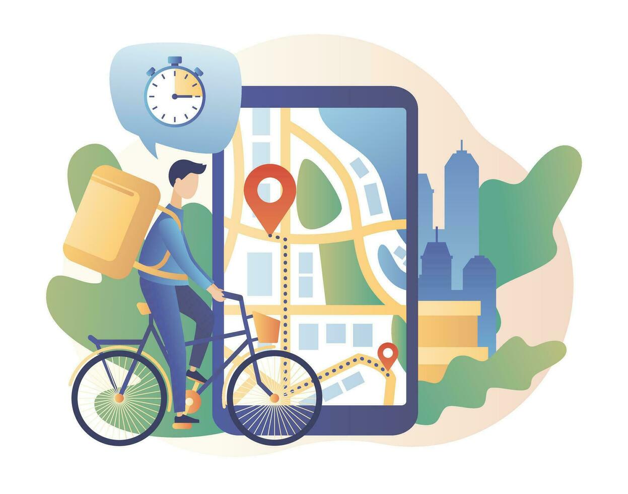 Online delivery service concept. Tiny courier on bike. Order tracking. Smartphone with mobile app for Delivery tracking. Modern flat cartoon style. Vector illustration on white background