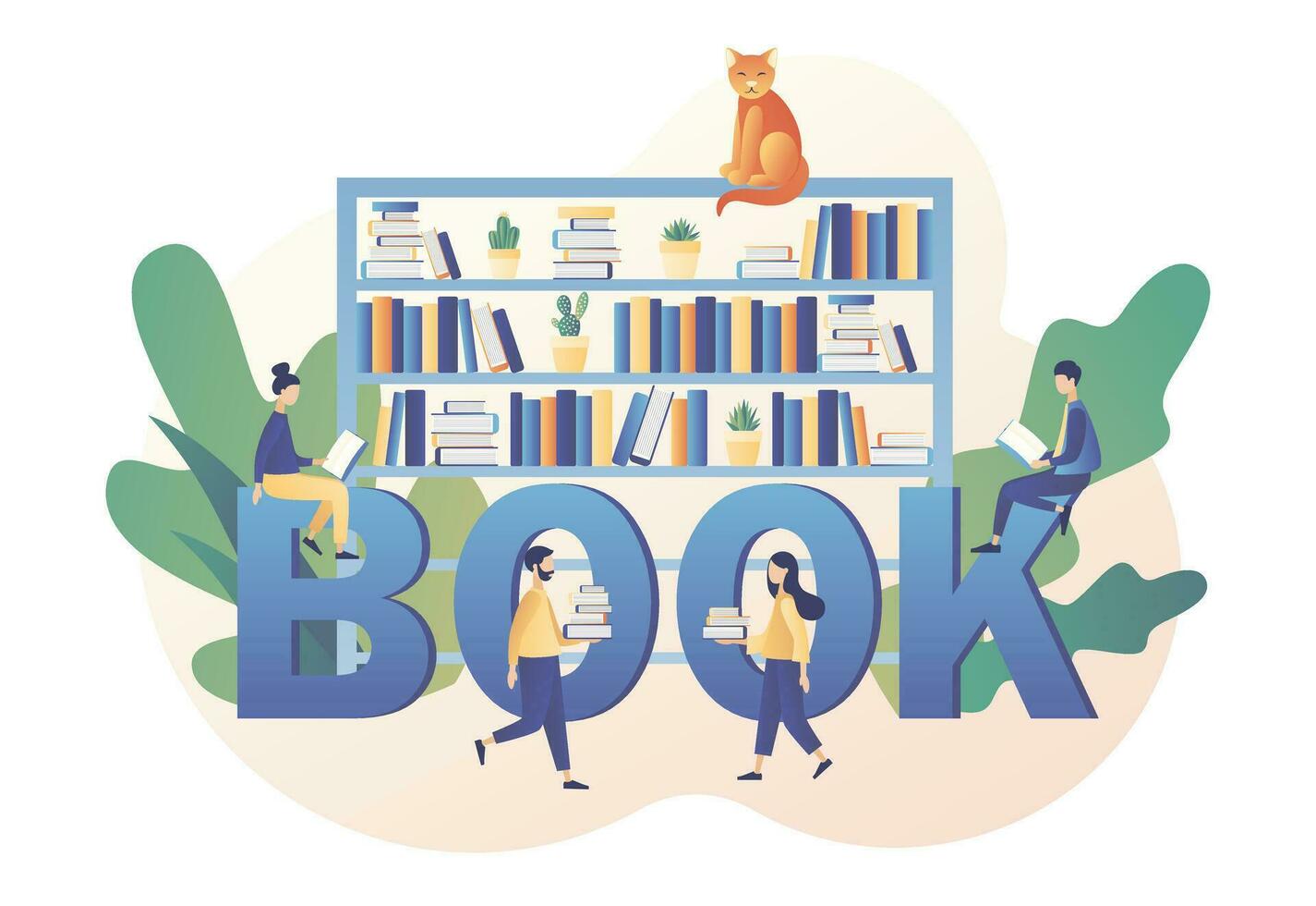 Book library online. Tiny people reading books. Big text BOOK. Literature fans, E-book, media library, learning online. Modern flat cartoon style. Vector illustration on white background