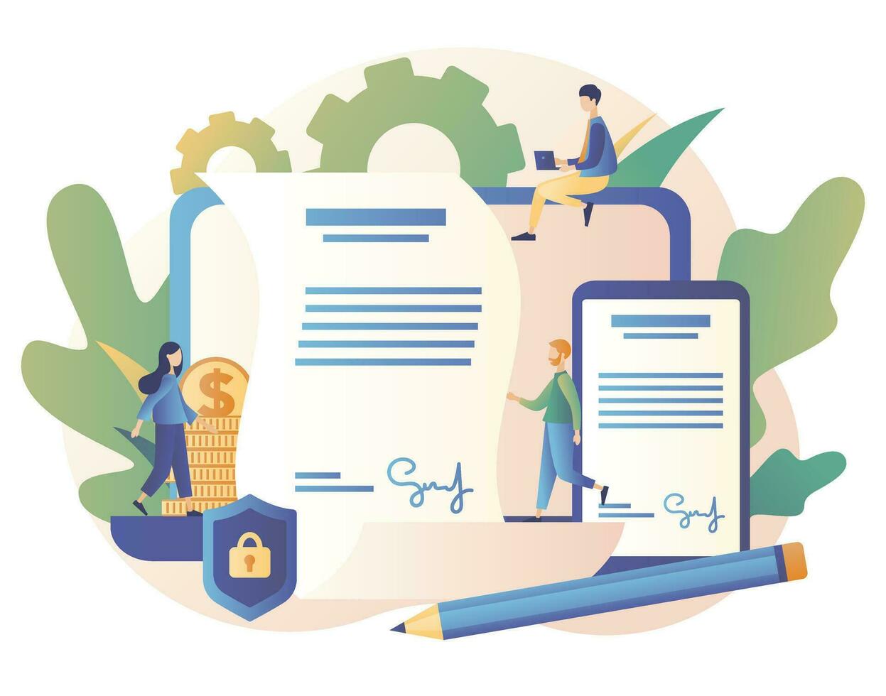 Electronic contract or digital signature concept. Modern flat cartoon style. Vector illustration