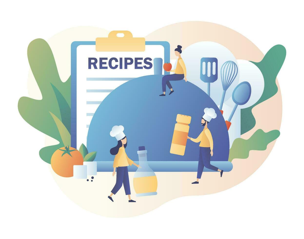 Recipes online. Tiny people cook in chef cap. Ingredients list concept. Food blogging. Modern flat cartoon style. Vector illustration on white background