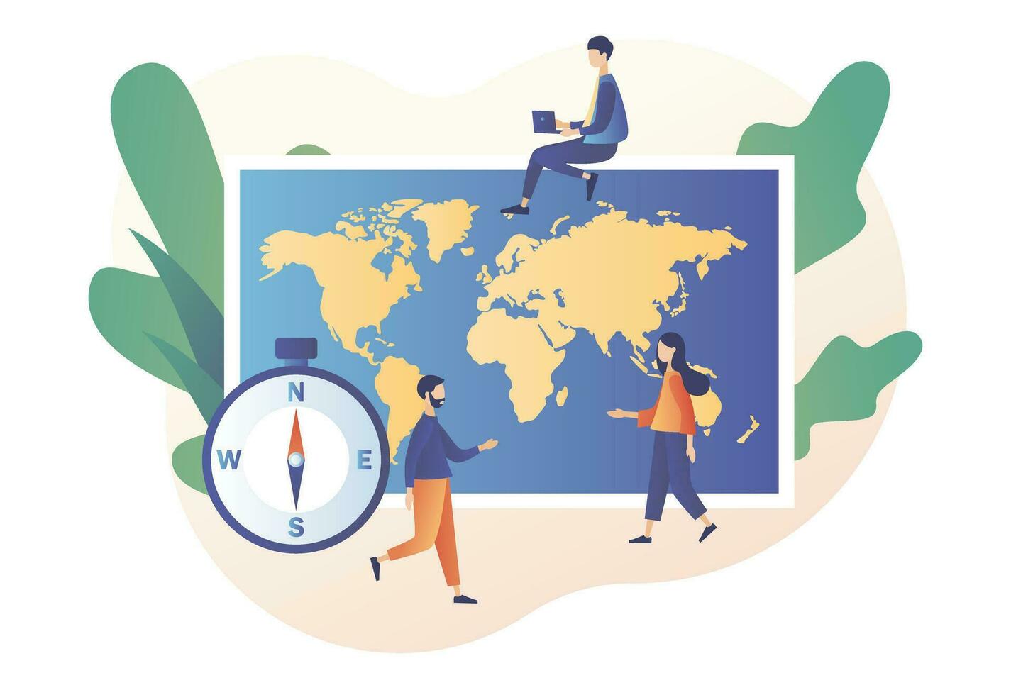 Tiny people study atlas Earth. World map. Geography concept. Globalisation. Modern flat cartoon style. Vector illustration on white background