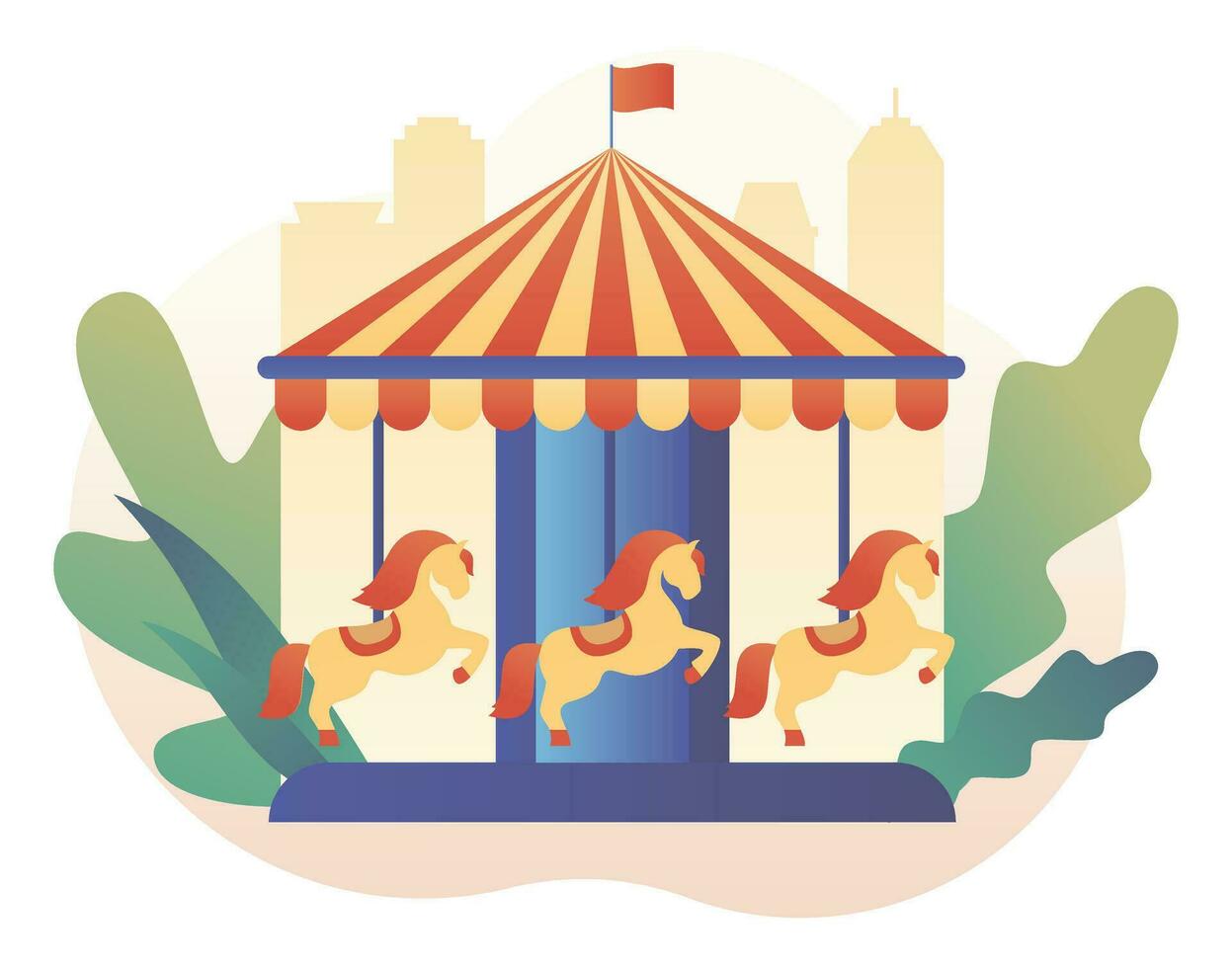 Amusement park concept. Carousel with horses. Modern flat cartoon style. Vector illustration