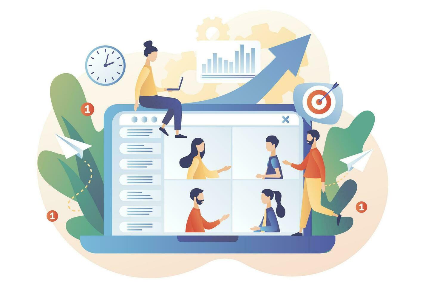 Tiny people speak in video conference. Online business meeting. Online conference concept. Social distancing and self-isolation during coronavirus quarantine. Modern flat cartoon style. Vector