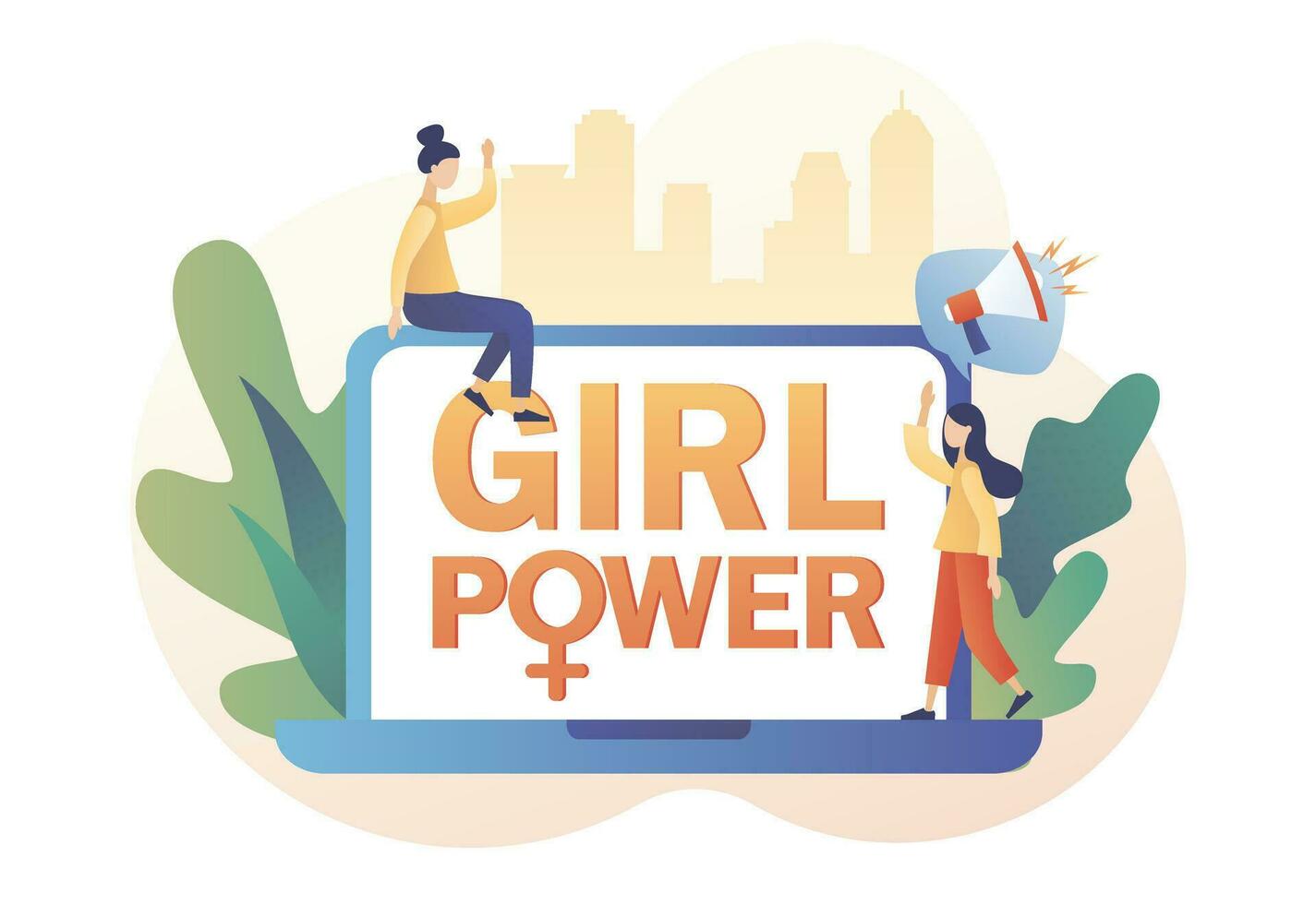 Tiny girls use laptop on whose screen Girl power text and female gender symbol. Feminism concept. International Women's Day. Modern flat cartoon style. Vector illustration on white background