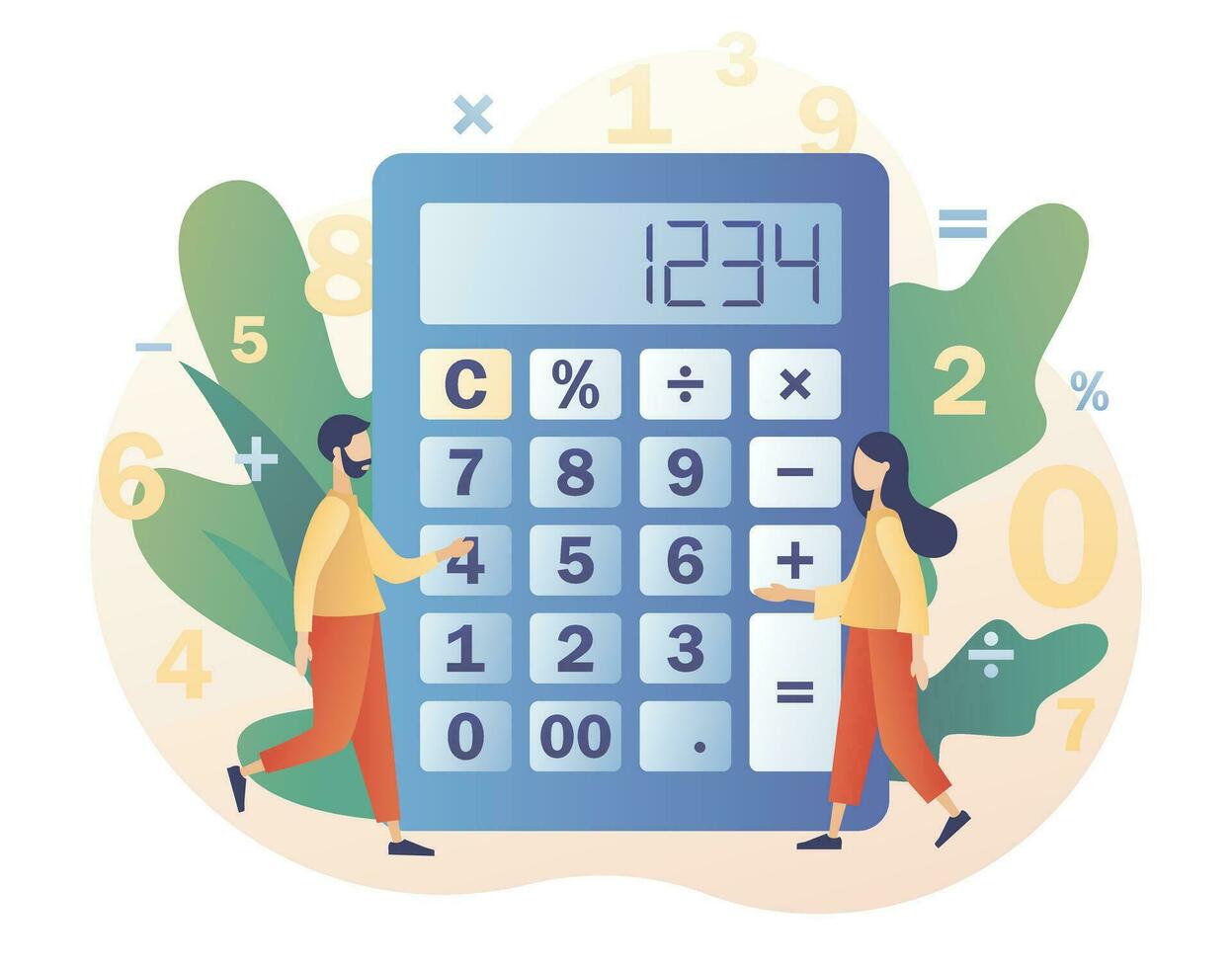 grande calculadora y minúsculo personas con calculador. contabilidad, financiero analítica, teneduría de libros, presupuesto cálculo, auditoría débito y crédito calculos moderno plano dibujos animados estilo. vector ilustración