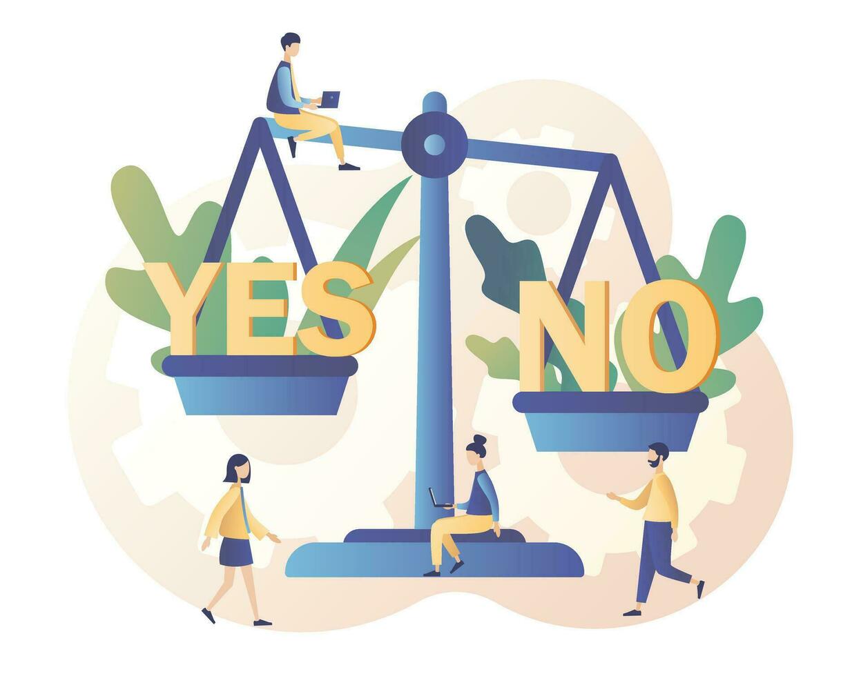 Yes or no consept. Decision making. Tiny people weigh the decisions at high weights. Modern flat cartoon style. Vector illustration