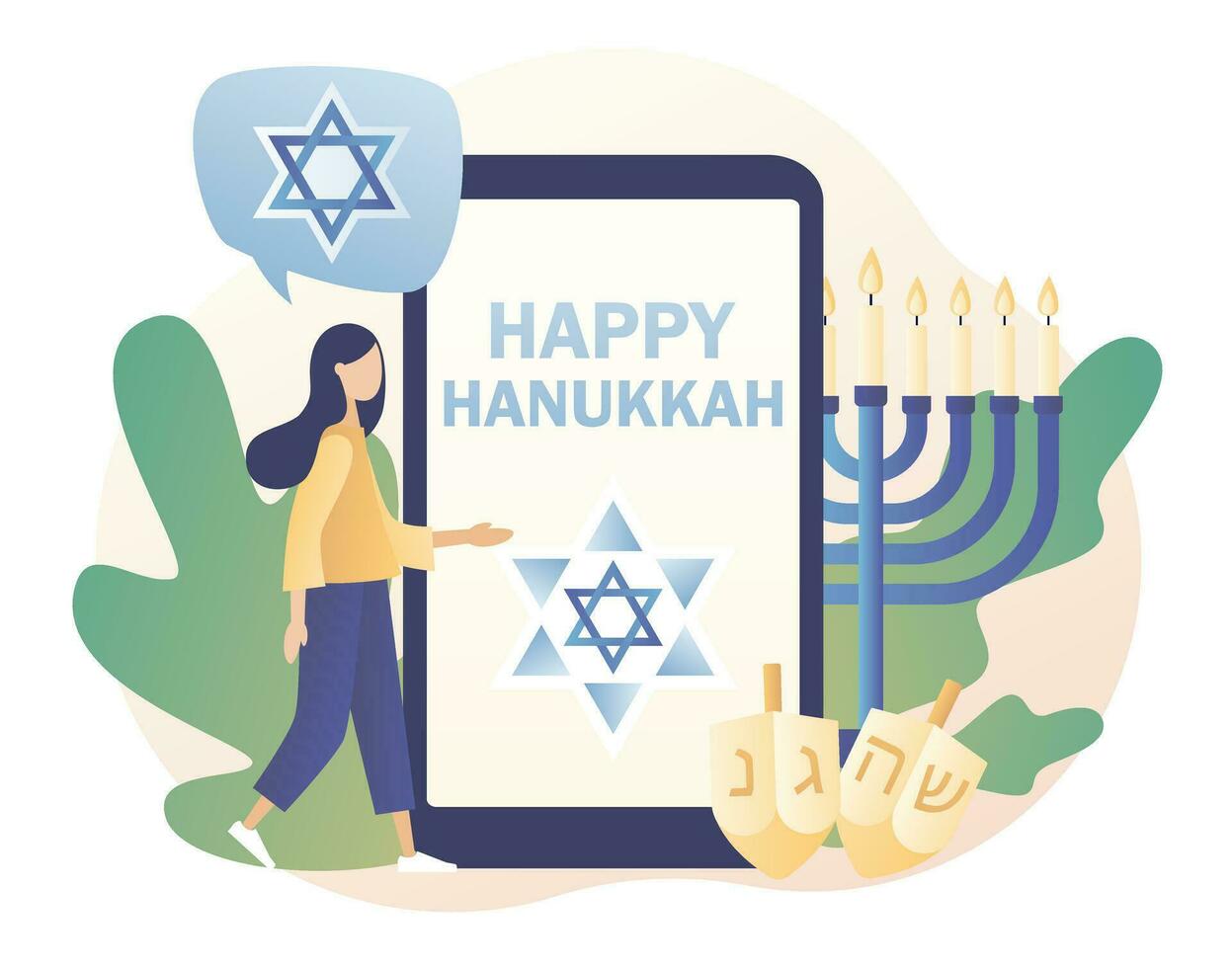 Traditional jewish holiday with tiny people and symbols - menorah candles, dreidels spinning top, star David. Happy Hanukkah - text on smartphone screen.Modern flat cartoon style. Vector illustration
