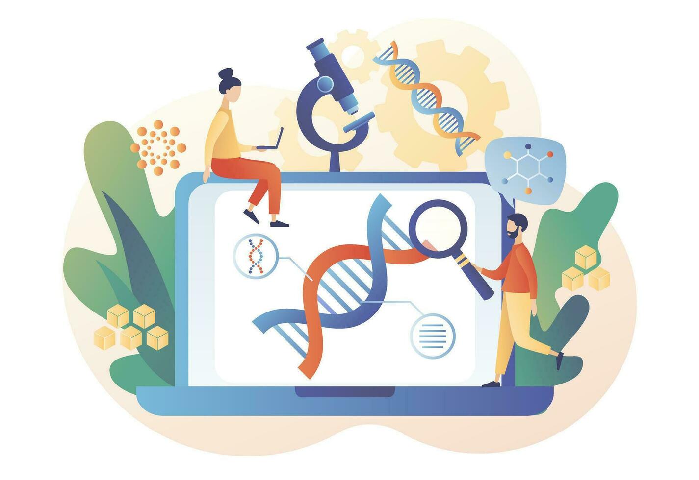 Tiny people study dna use microscope and laptop. Biotechnology. Science, laboratory research, genetic testing, chemical, GMO, bioengineering and organism. Modern flat cartoon style. Vector