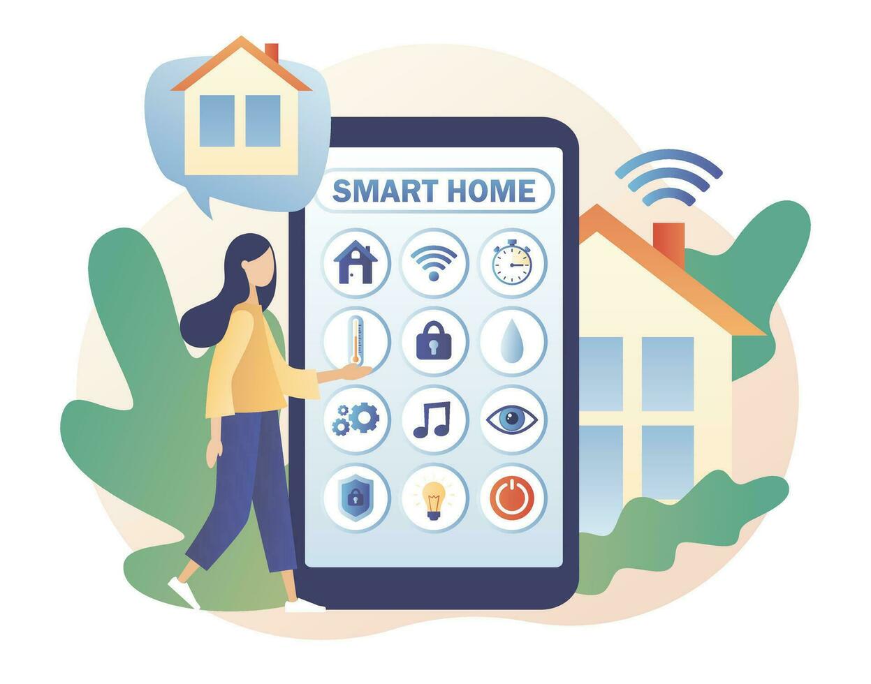 Smart home concept. Tiny woman control of lighting, heating, ventilation and air conditioning, security and video surveillance with smartphone app. Modern flat cartoon style. Vector illustration