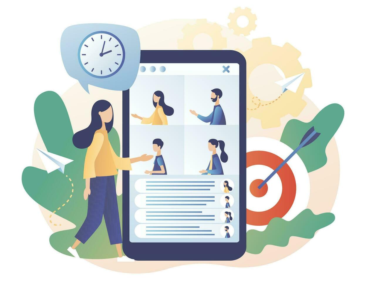 Tiny woman speak in video conference. Online conference concept. Online meeting. Social distancing and self-isolation during coronavirus quarantine. Modern flat cartoon style. Vector illustration