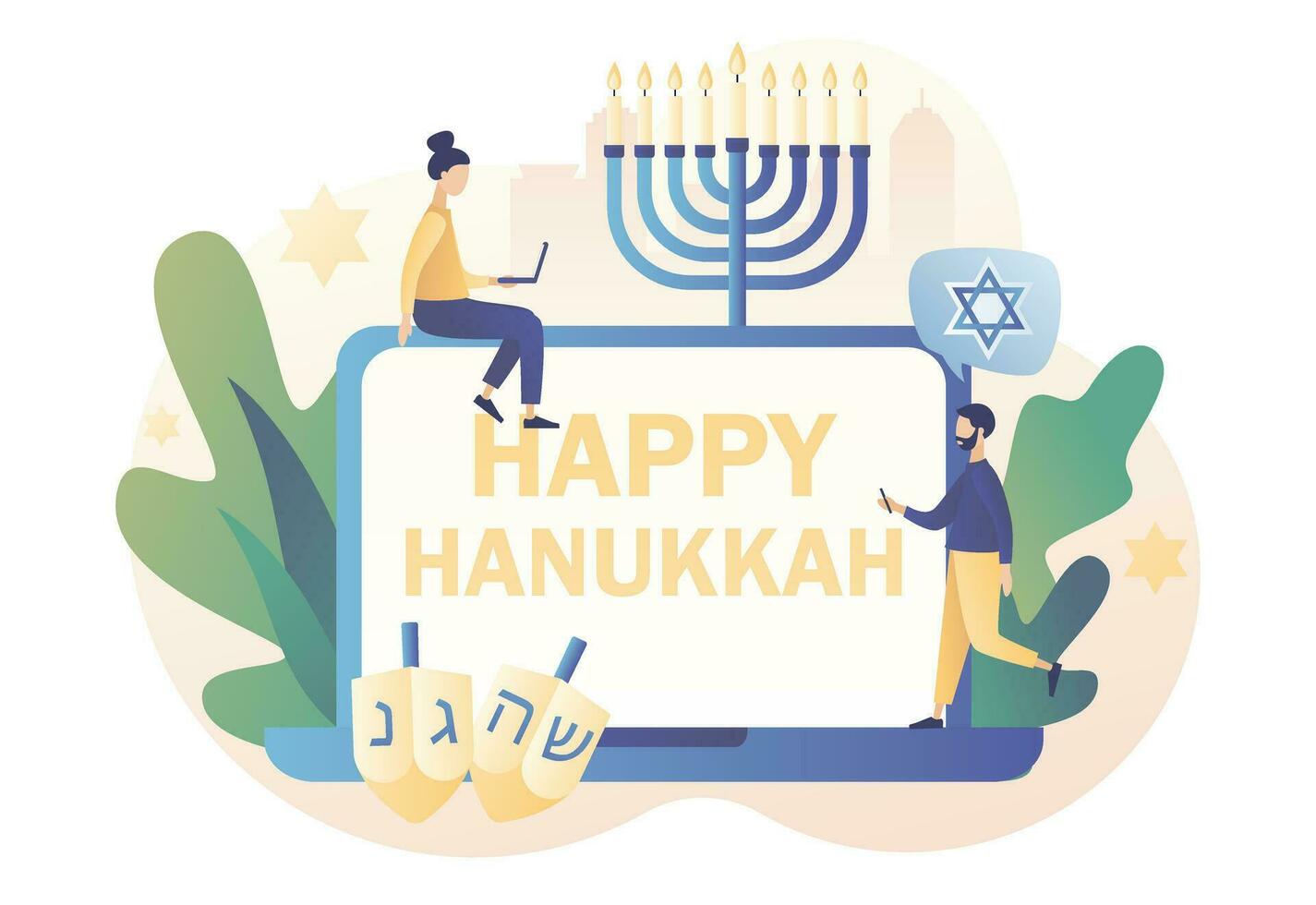 Traditional jewish holiday with tiny people and symbols - menorah candles, dreidels spinning top, star David. Happy Hanukkah - text on laptop screen. Modern flat cartoon style. Vector illustration