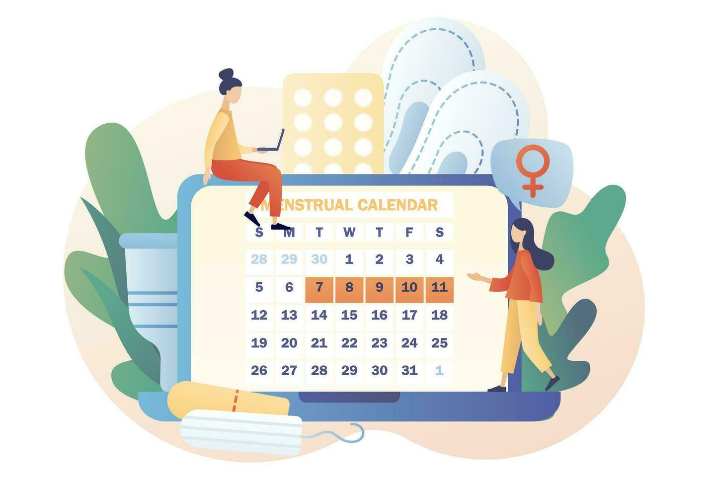 Tiny girls with monthly calendar on laptop screen, menstrual cup, tampon and tablets. Menstruation period. Menstrual protection and feminine hygiene. Modern flat cartoon style. Vector illustration
