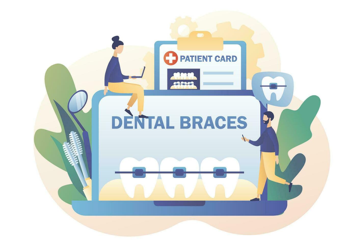 Dental braces. Online consultation. Orthodontic treatment and cosmetic odontology. Tiny people orthodontics and patients whose straightening teeth. Modern flat cartoon style. Vector illustration