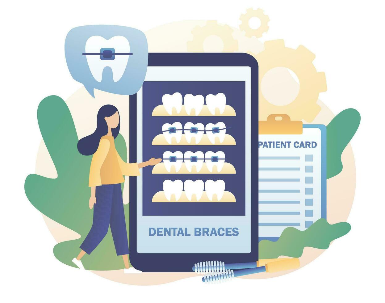 dental tirantes. minúsculo personas ortodoncia y pacientes cuyo enderezamiento dientes. ortodoncia tratamiento y publicidad cosmético odontología en teléfono inteligente aplicación moderno plano dibujos animados estilo. vector