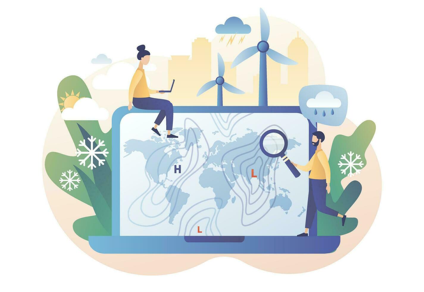 World Meteorological day. Meteorology science. Tiny people meteorologist studying and researching weather and climate condition online on laptop. Modern flat cartoon style. Vector illustration