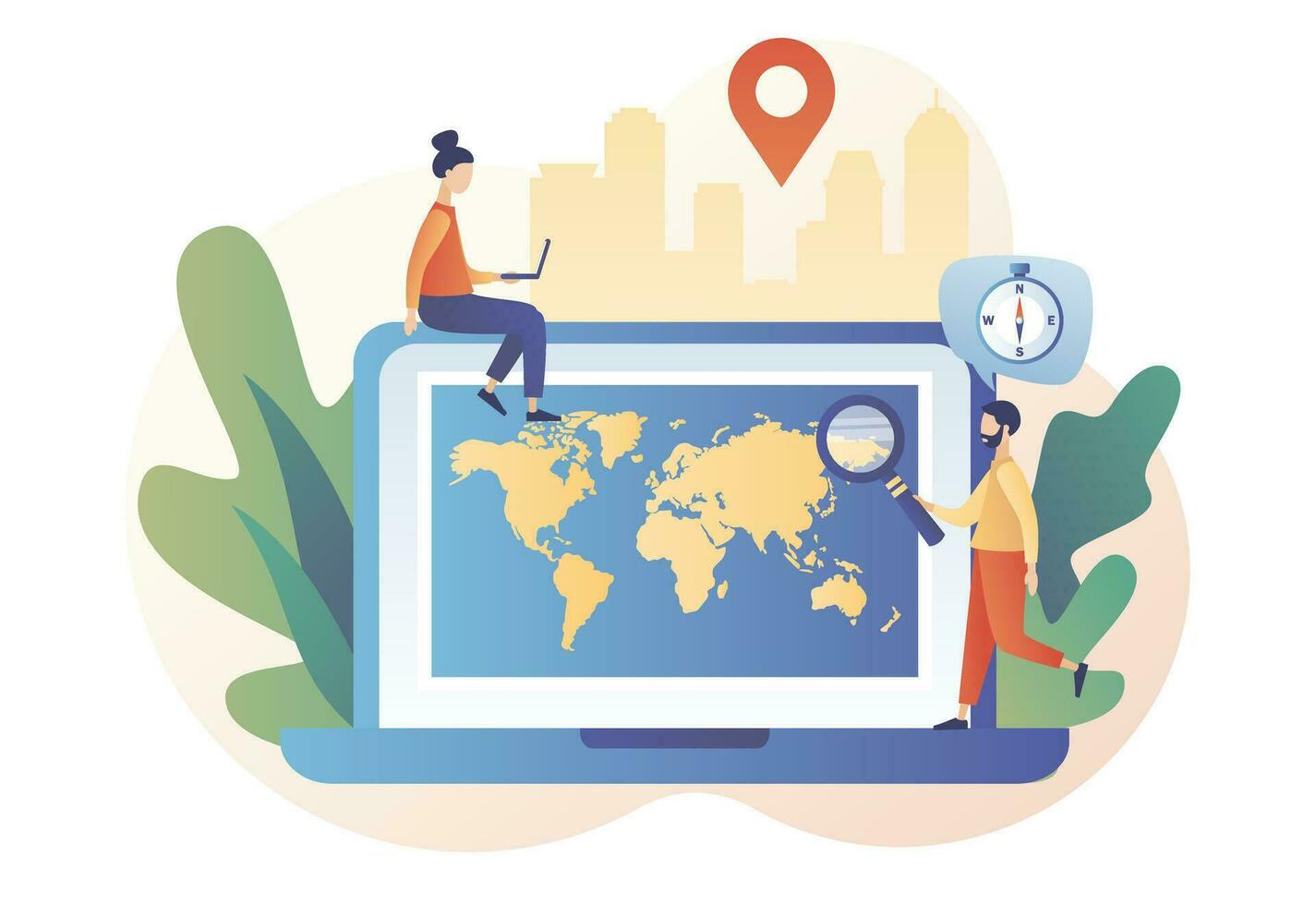 mundo mapa. minúsculo personas estudiar atlas tierra en ordenador portátil pantalla. geografía concepto. globalización moderno plano dibujos animados estilo. vector ilustración en blanco antecedentes