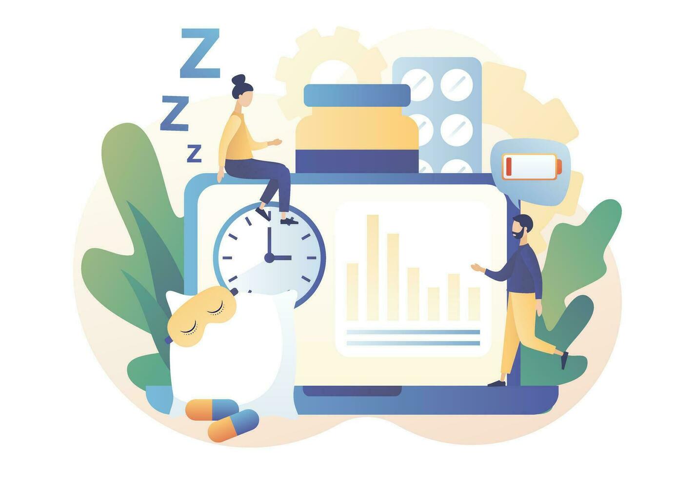 Sleep control in web site. Tiny people suffers from insomnia. Stress, depression and sleeping problems. Alarm clock, sleeping pills, mask. Modern flat cartoon style. Vector illustration