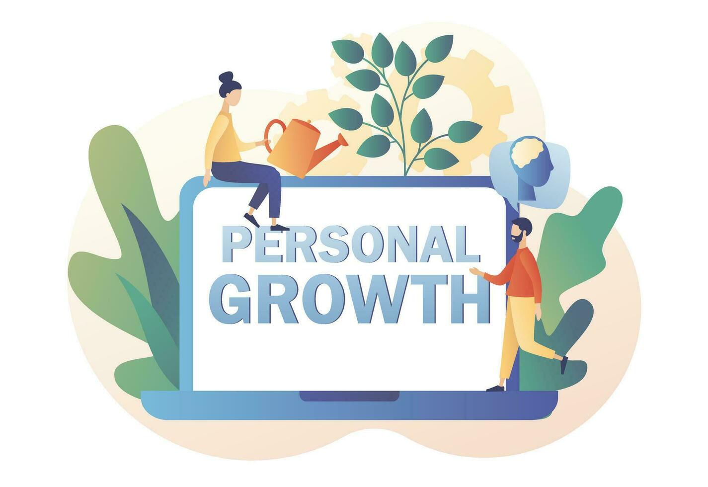 Personal growth big text on screen laptop. Metaphor growth personality as plant. Tiny people that self-improvement, self development. Modern flat cartoon style. Vector illustration